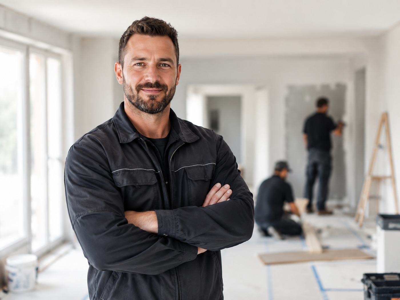Handwerkerteam bei Renovierungsarbeiten in Innenraum